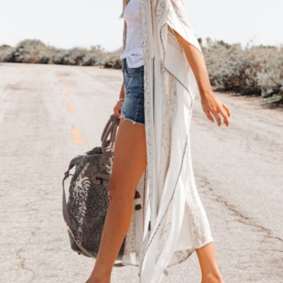White Striped Print Drawstring Open Front Maxi Kimono💗 - Picture 4 of 16